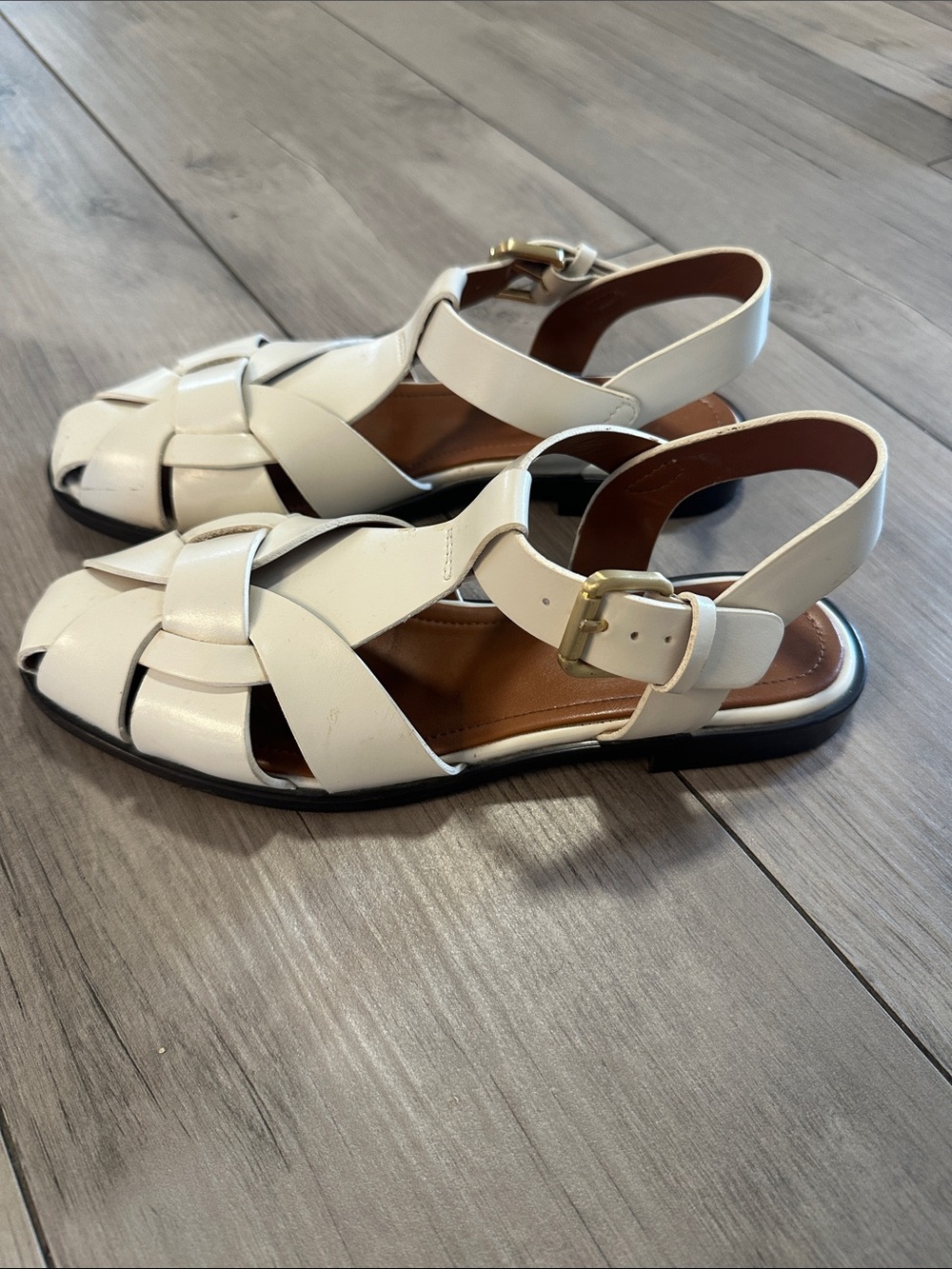 Zara Flat Leather Fisherman Sandals White Woven Toe Ankle Strap
